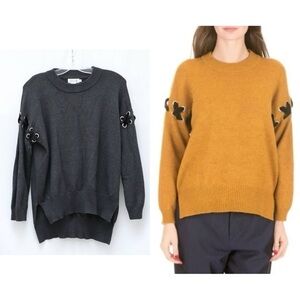 Molly Bracken Gray Crew Neck Sweater Velvet Arm Tie Grommet lace up S/M oversize